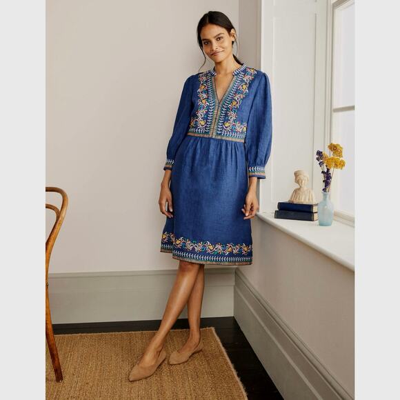 Boden Dakota Blue Linen Embroidered Long Sleeve Dress Artsy Boho Womens 4P 4 New - Picture 6 of 17